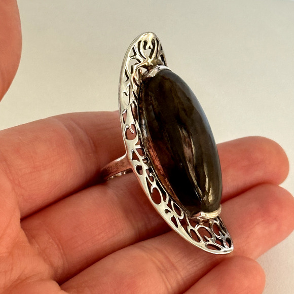 925 Sterling Silver Vintage HUGE Tall Labradorite Large Gemstone Ring Size 6.75 - Picture 10 of 14